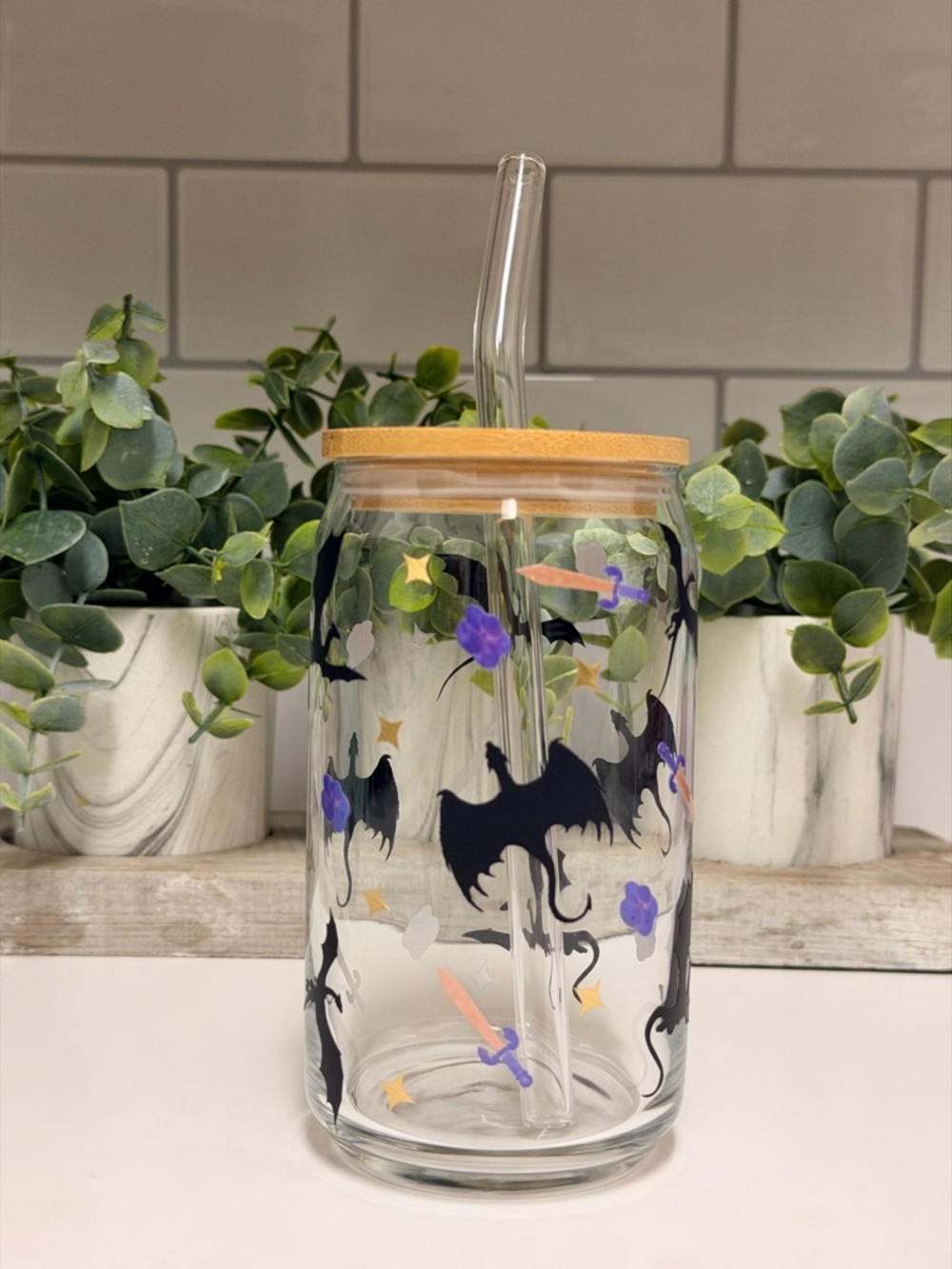 Fourth Wing Glass Can Cup | Dragons & Violets Design